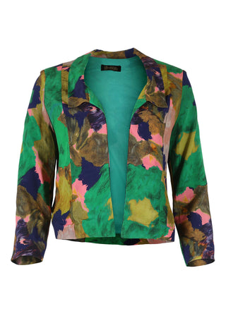 Olga de Polga Esprit jacket in Jungle Fiorella printed viscose. Open front with no fastening. Fully lined. Front view. 