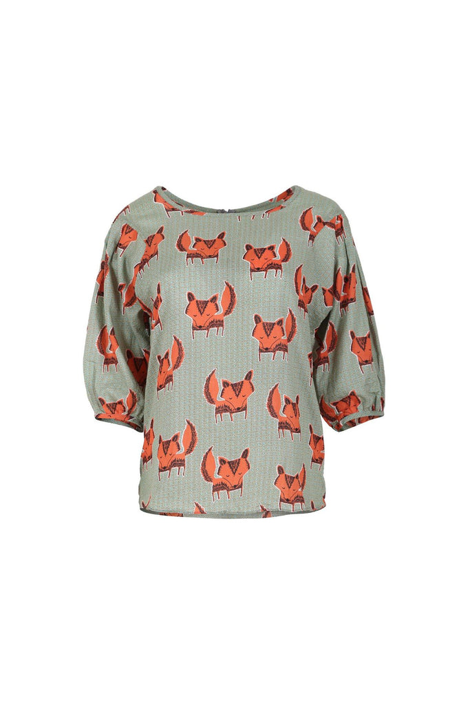 Olga de Polga Khaki printed blouse in seersucker. Red Fox print. Wide round neckline. 3/4 length sleeves. Dropped shoulder. Front view
