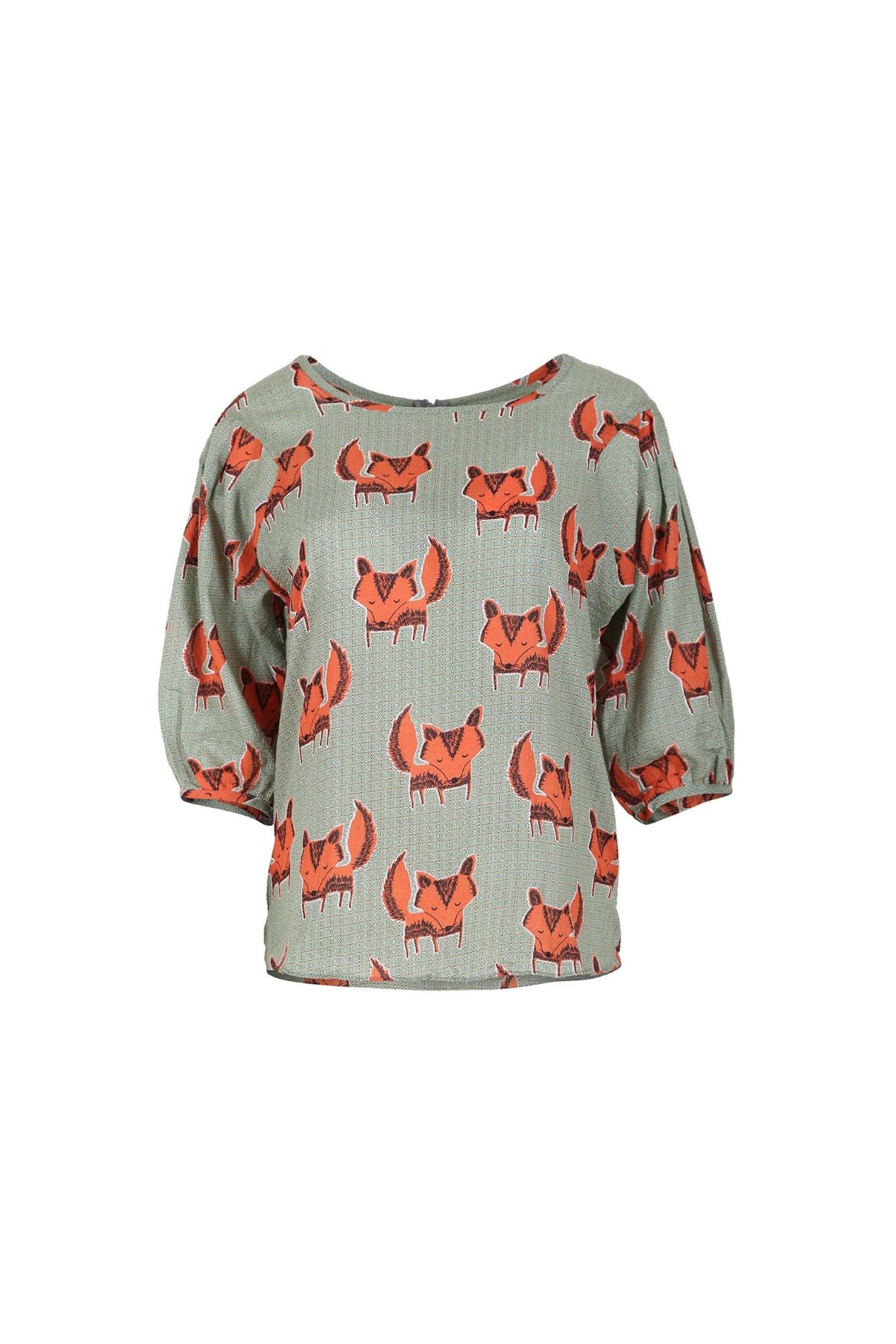 Olga de Polga Khaki printed blouse in seersucker. Red Fox print. Wide round neckline. 3/4 length sleeves. Dropped shoulder. Front view