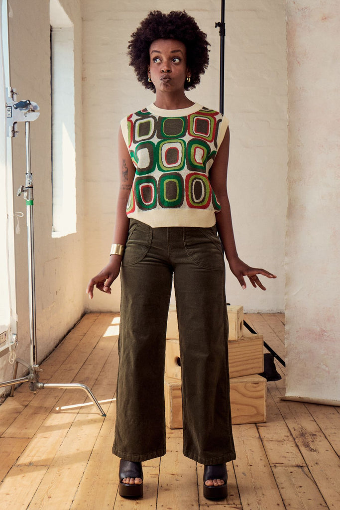 Olga de Polga Peggy Paris soft velvet pants in Khaki in long length. Large front patch pockets. Comfy elastic back waist. Also available in a cropped length. Front view on model