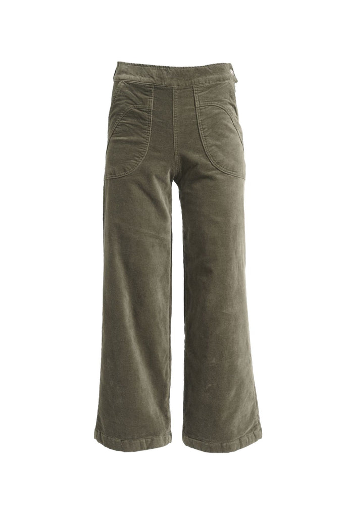 Olga de Polga Peggy Paris soft velvet pants in Khaki in long length. Large front patch pockets. Comfy elastic back waist. Also available in a cropped length. Front view