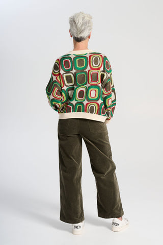 Olga de Polga Peggy Paris soft velvet pants in Khaki in long length. Large front patch pockets. Comfy elastic back waist. Also available in a cropped length. Back view on model