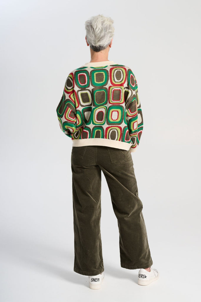 Olga de Polga Peggy Paris soft velvet pants in Khaki in long length. Large front patch pockets. Comfy elastic back waist. Also available in a cropped length. Back view on model