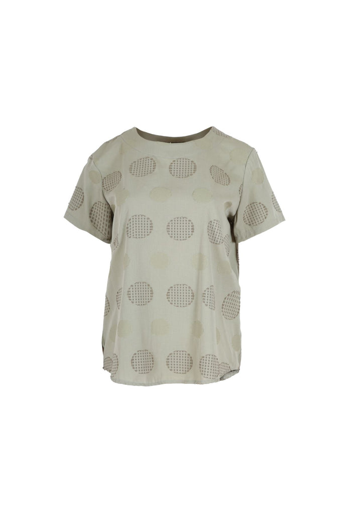 Olga de Polga Khaki Universal woven top t-shirt. Short sleeves, round neck. Circular woven textured pattern. front view