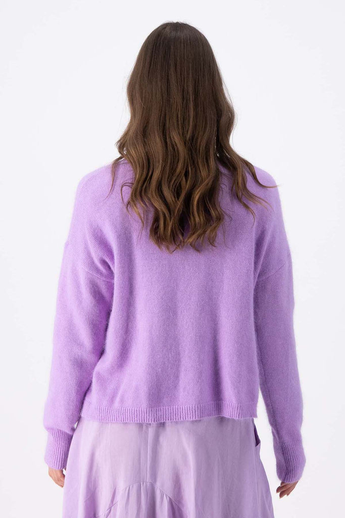 Olga de Polga Portland angora wool sweater in Lavender lilac.  Back view