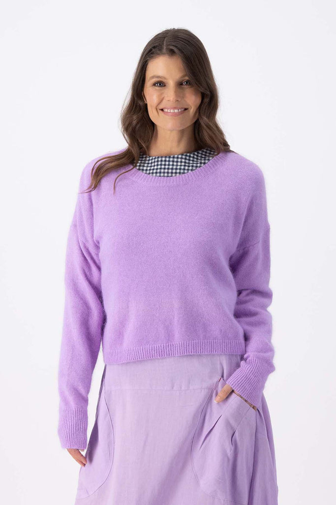 Olga de Polga Portland angora wool sweater in Lavender lilac. Front view