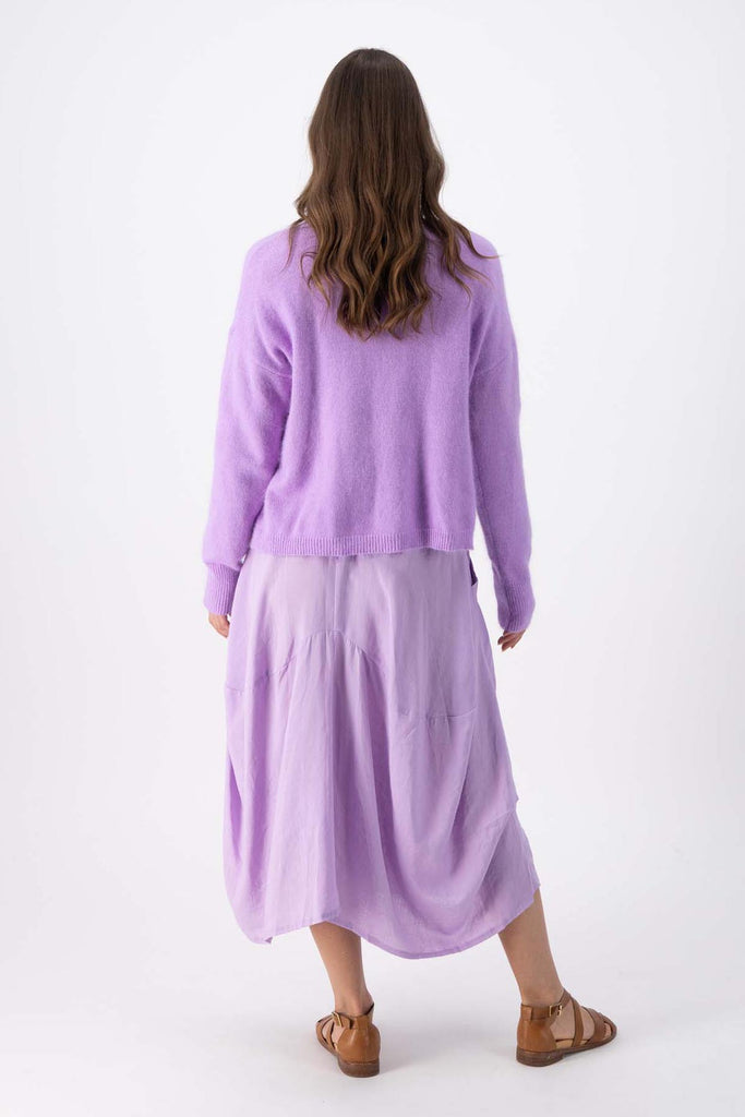 Olga de Polga Portland angora wool sweater in Lavender lilac.  Full back view