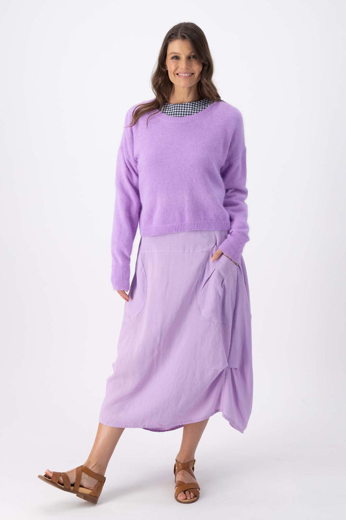 Olga de Polga Portland angora wool sweater in Lavender lilac.  Full front view