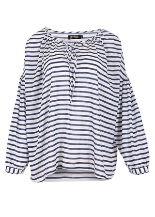 Olga de Polga cotton seersucker Rotterdam Leila Blouse in navy and white stripes. Front view