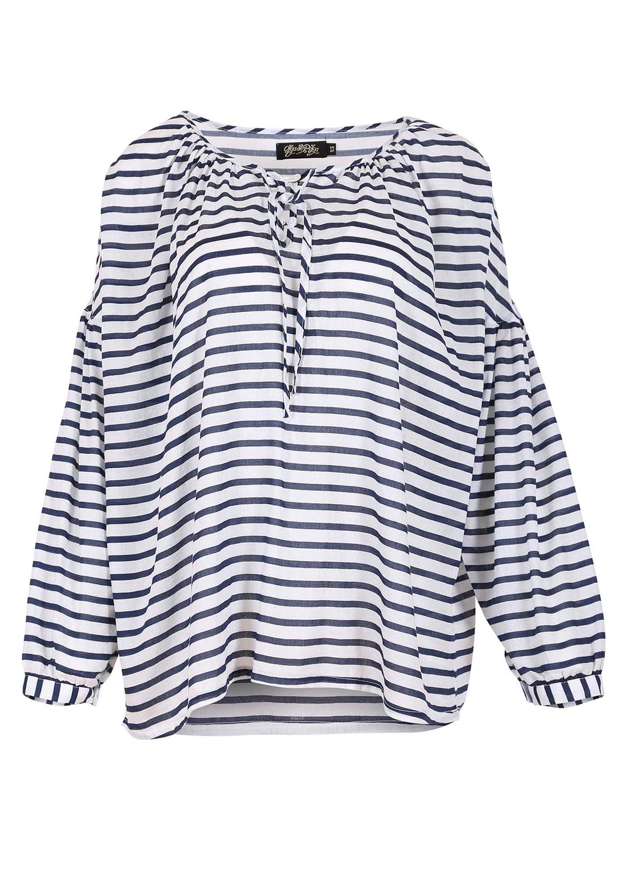 Olga de Polga cotton seersucker Rotterdam Leila Blouse in navy and white stripes. Front view