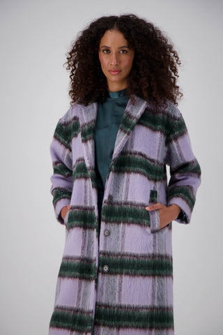 Olga de Polga Lilac Highland coat in wool and recycled polyester. Front close up view on model