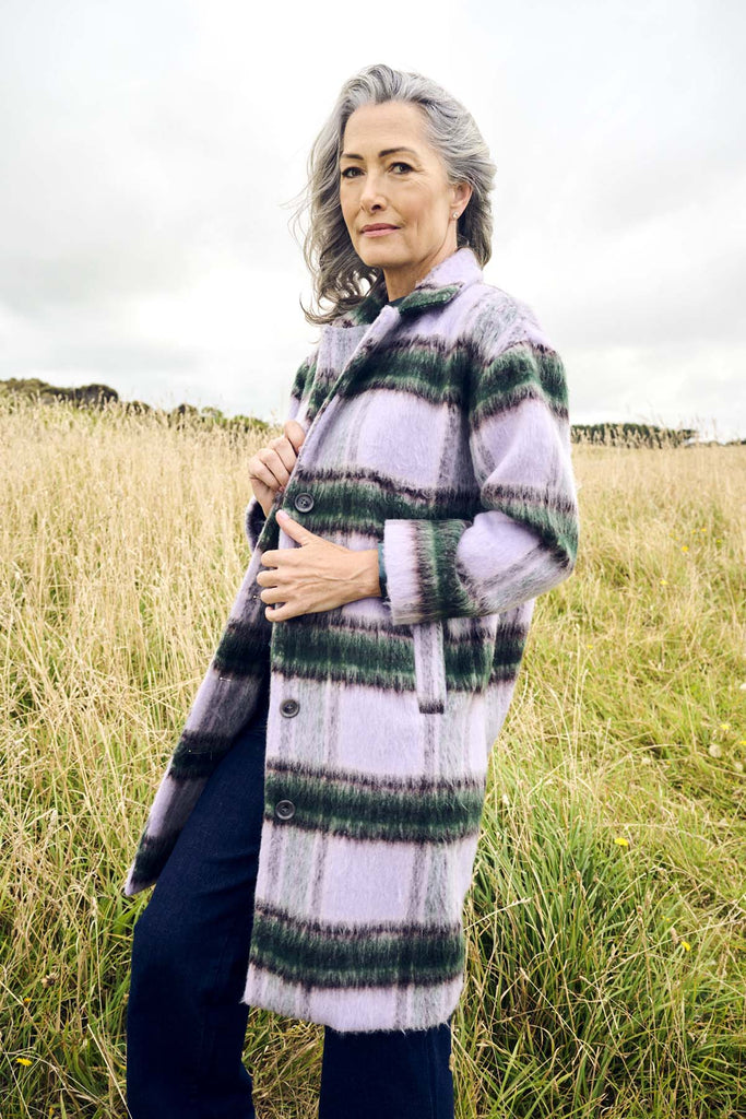 Olga de Polga Lilac Highland coat in wool and recycled polyester. Side front