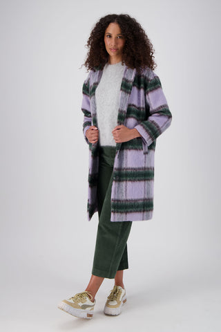 Olga de Polga Lilac Highland coat in wool and recycled polyester. Front full length view on model