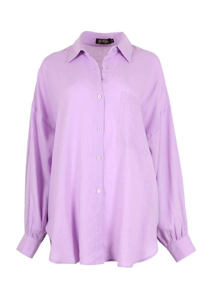 Lilac Le Bon Luminary Shirt with a collar and slong sleeves. In a luxe tencel and linen mix fabric. Front view