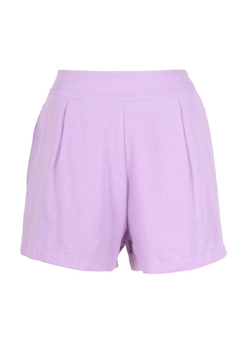 Olga de Polga Lilac Le Bon Shorts.  Flat front, elastic waistband at the back. Side pockets. Finishes top of the thigh. Front view. 