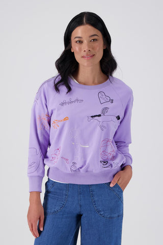 Olga de Polga Lilac Montage sweatshirt in a cotton tencel blend. Ribbing at the neck, cuffs and hem.  Front