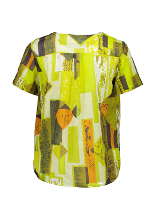 Olga de Polga Classic tee top in the Casco lime green Splice printed seersucker fabric. Round neck. Short sleeves, loose boxy fit. Back view
