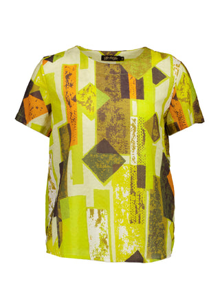 Olga de Polga Classic tee top in the Casco lime green Splice printed seersucker fabric. Round neck. Short sleeves, loose boxy fit. Front view.
