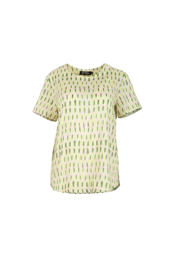 Olga de Polga women's top in printed lime green Ibiza print. Front view
