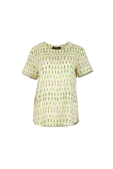 Olga de Polga women's top in printed lime green Ibiza print. Front view
