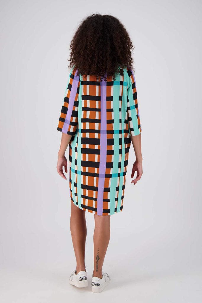 Olga de Polga multi coloured geometric printed Madras shift dress.  Back view