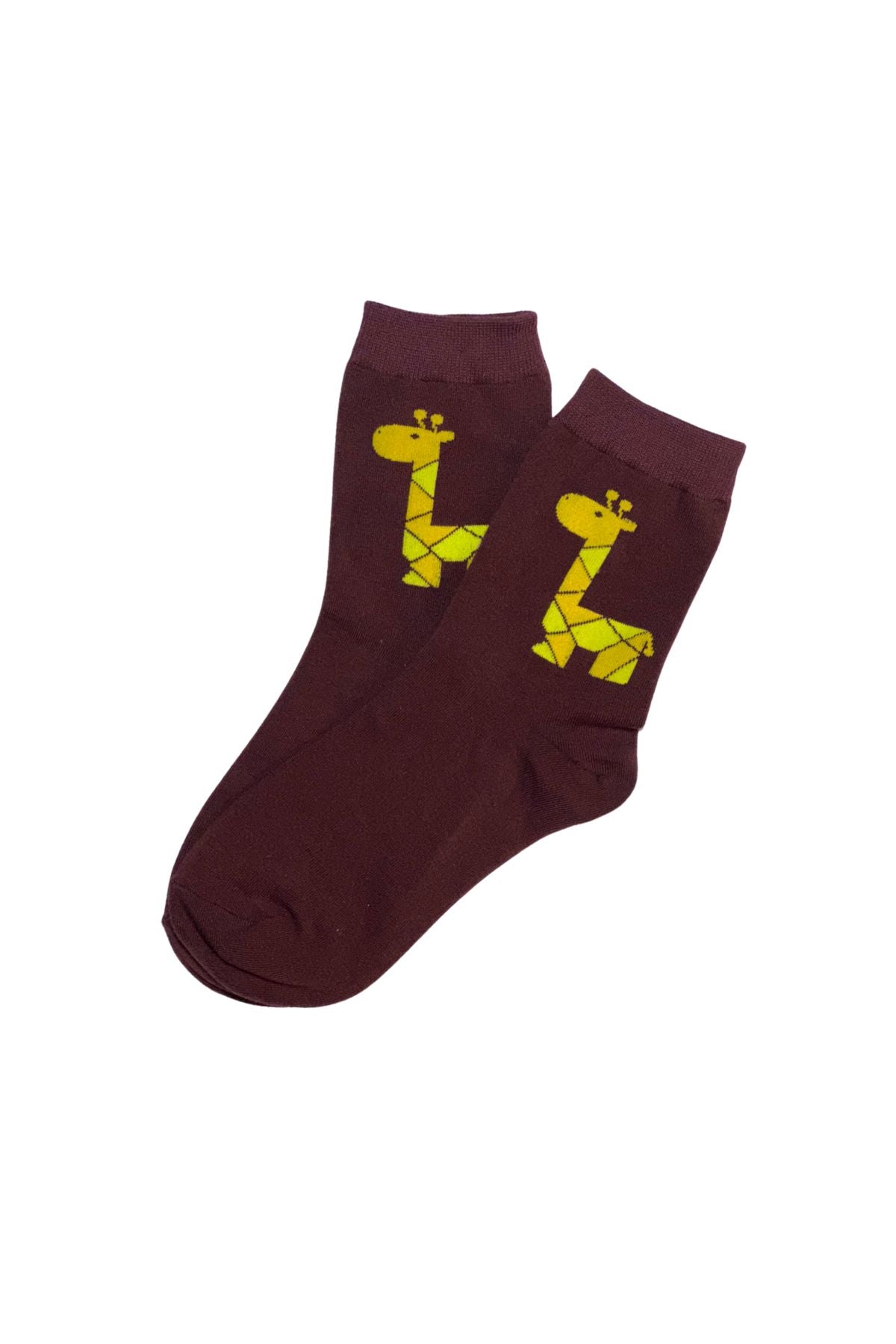 Olga de Polga maroon giraffe Savanna Step socks with a maroon background and a yellow giraffe motif at the ankle.