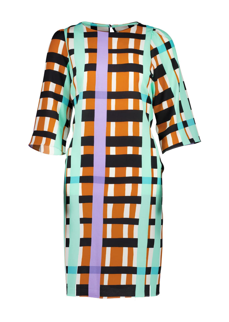 Olga de Polga multi coloured geometric printed Madras shift dress.  Front