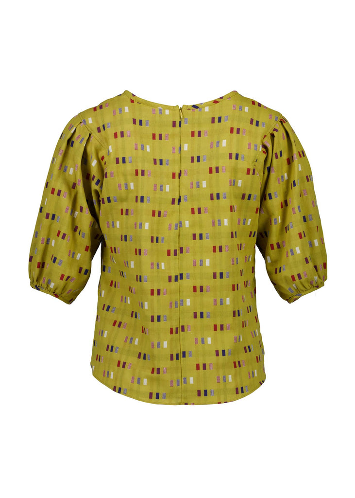 Olga de Polga Mustard Telegraph Blouse in woven cotton. Back view