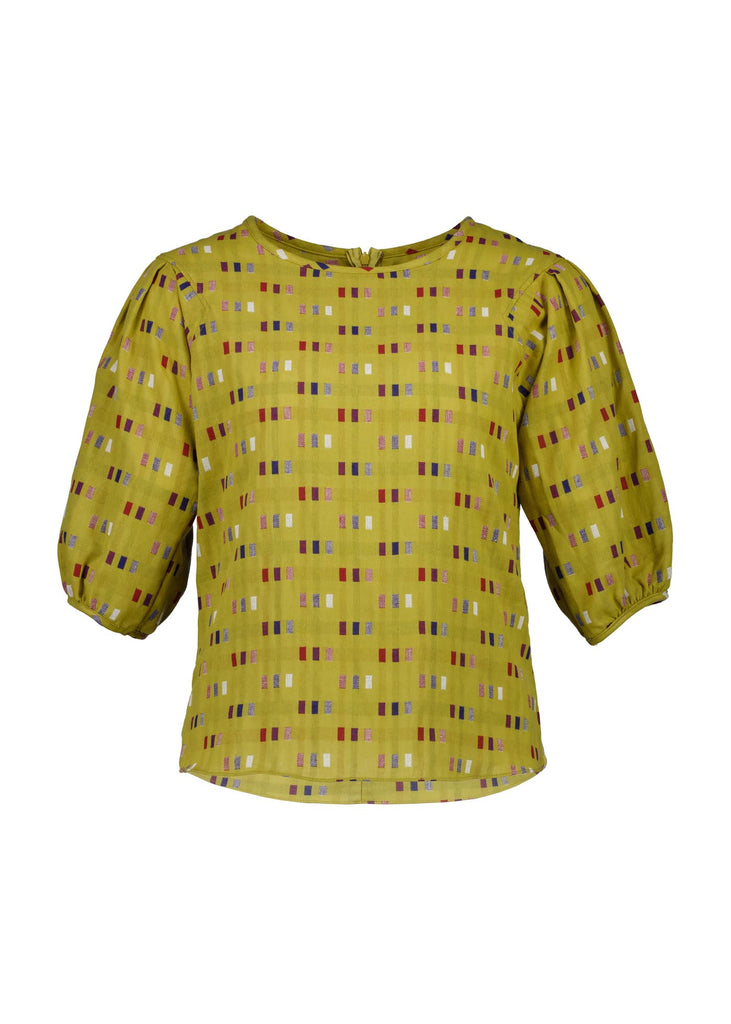 Olga de Polga Mustard Telegraph Blouse in woven cotton. Front view