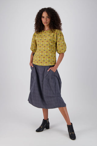 Olga de Polga Mustard Telegraph Blouse in woven cotton.  Full length view on model.