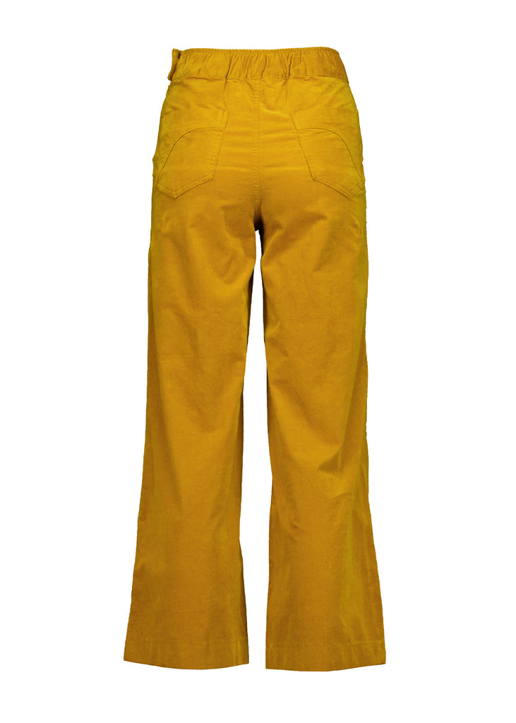 Olga de Polga Peggy Pants in Mustard Yellow fine cotton cord. Cropped length, large front patch pockets, elasticated waistband, side zip fastening. Back view.