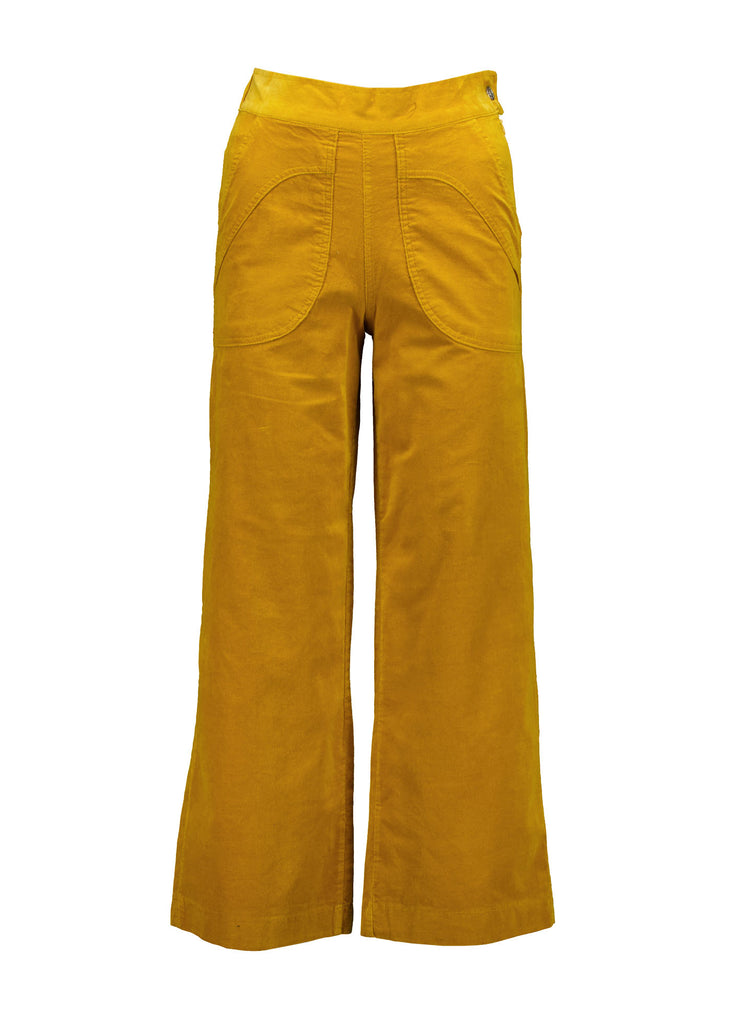 Olga de Polga Peggy Pants in Mustard Yellow fine cotton cord. Cropped length, large front patch pockets, elasticated waistband, side zip fastening. Front view.