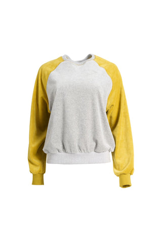 Olga de Polga Mustard and grey Odessa Sweatshirt in soft cotton velvet.  Front view
