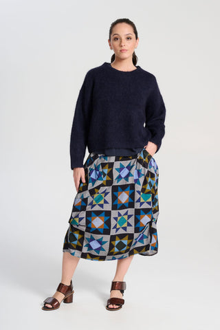 Olga de Polga Aspen knit sweater in Navy alpaca. Front full length view on model