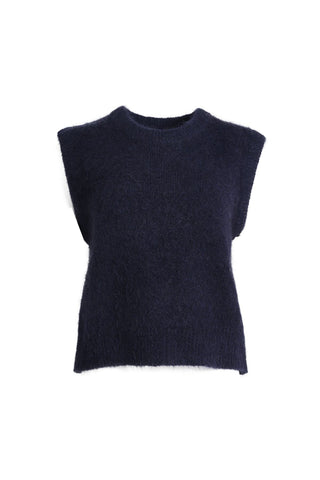 Olga de Polga Navy Aspen alpaca knit vest. Ribbing at neckline and hem. A beautifully textured knit vest—your perfect layering essential for effortless, trans-seasonal styling.n Front view
