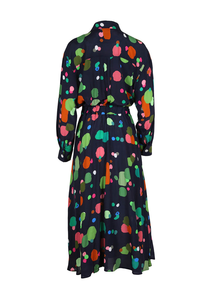 Olga de Polga Parisian wrap-dress with a collar and long sleeves with cuffs. Printed Astra viscose dress. Back view