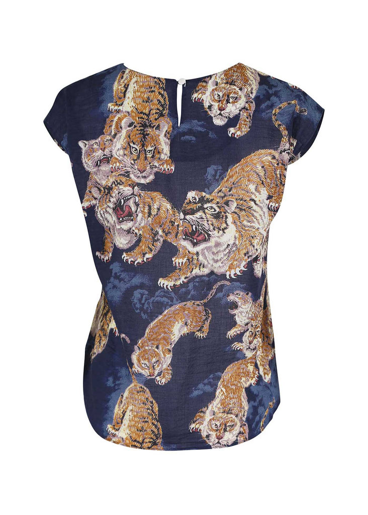 Navy tee, top with cap sleeves and a roundneckline. Olga de Polga 99 Tigers print in Navy Blue. Back view