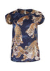 Navy tee, top with cap sleeves and a roundneckline. Olga de Polga 99 Tigers print in Navy Blue. Front view