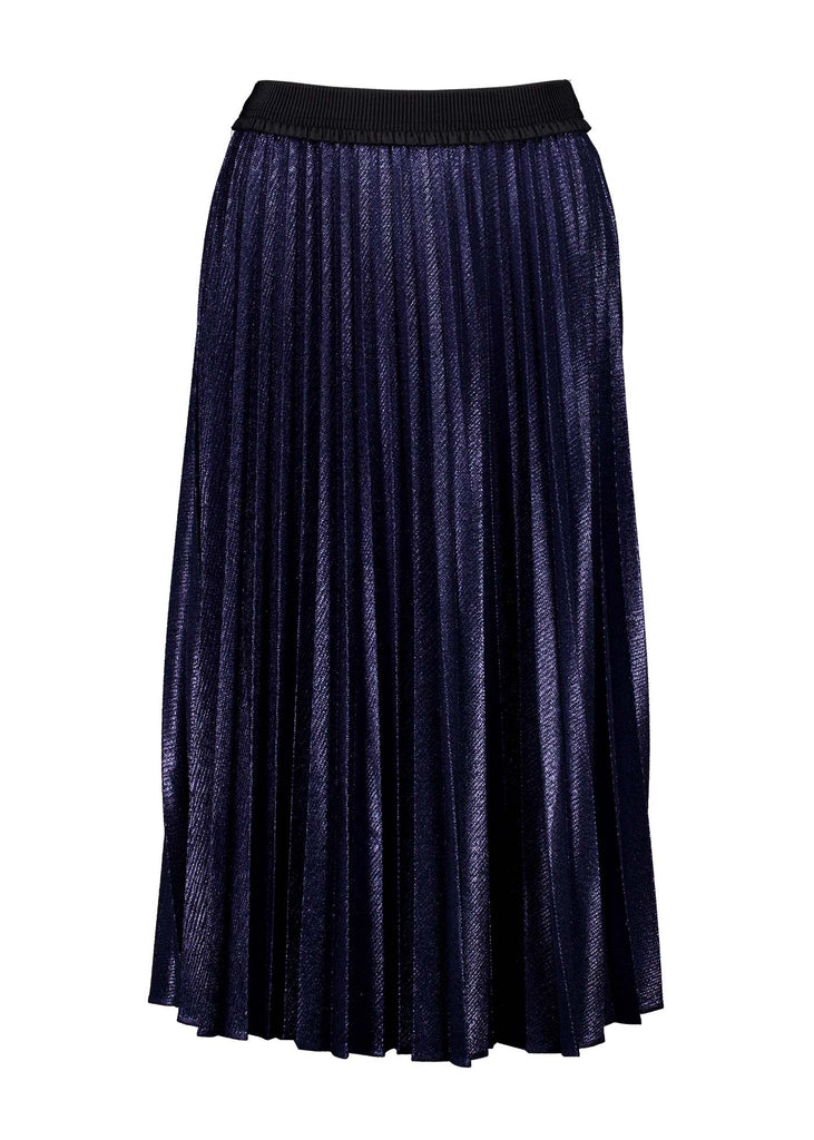 Olga de Polga Navy Champagne pleated skirt in 100% recycled polyester. Front view.