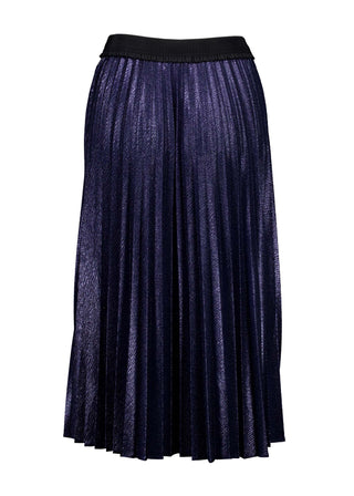 Olga de Polga Navy Champagne pleated skirt in 100% recycled polyester. Back view.