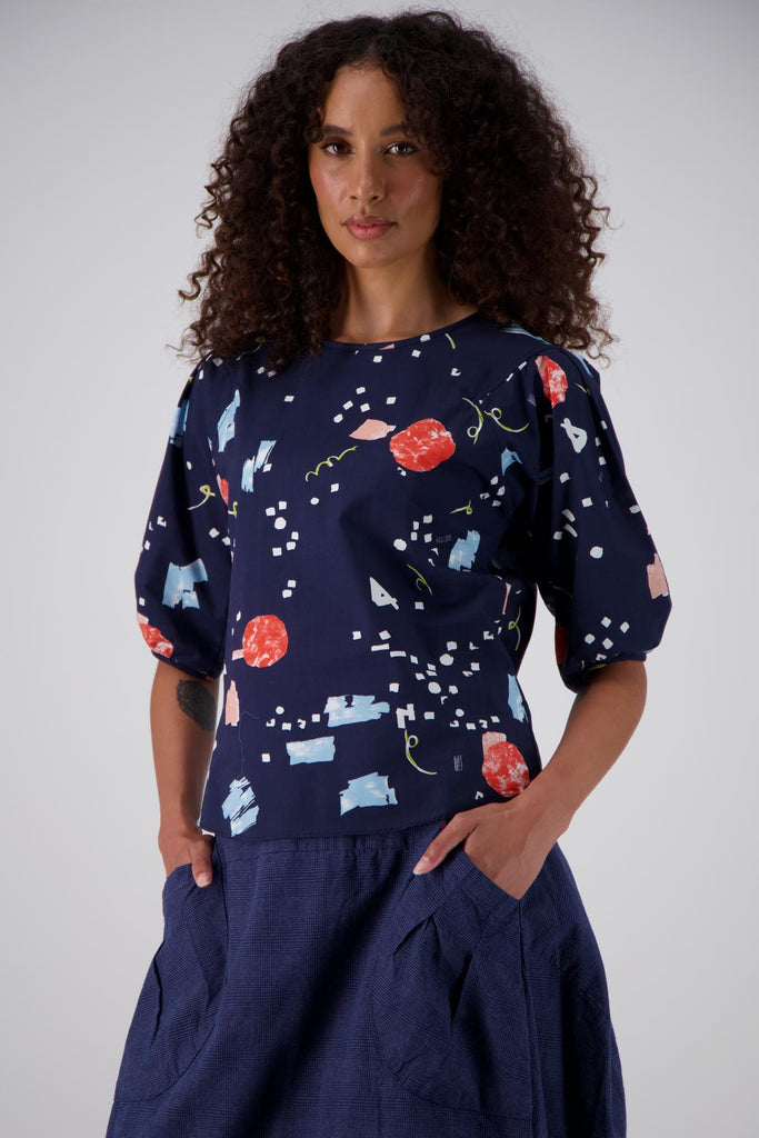 Olga de Polga classic blouse in the Galaxy printed 100% Cotton. Front view on model