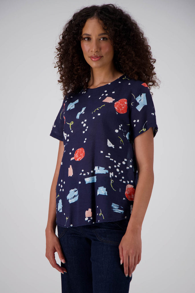 Olga de Polga Galaxy top in cotton seersucker fabric. With a navy background this top is a great transeasonal piece to add to your wardrobe.