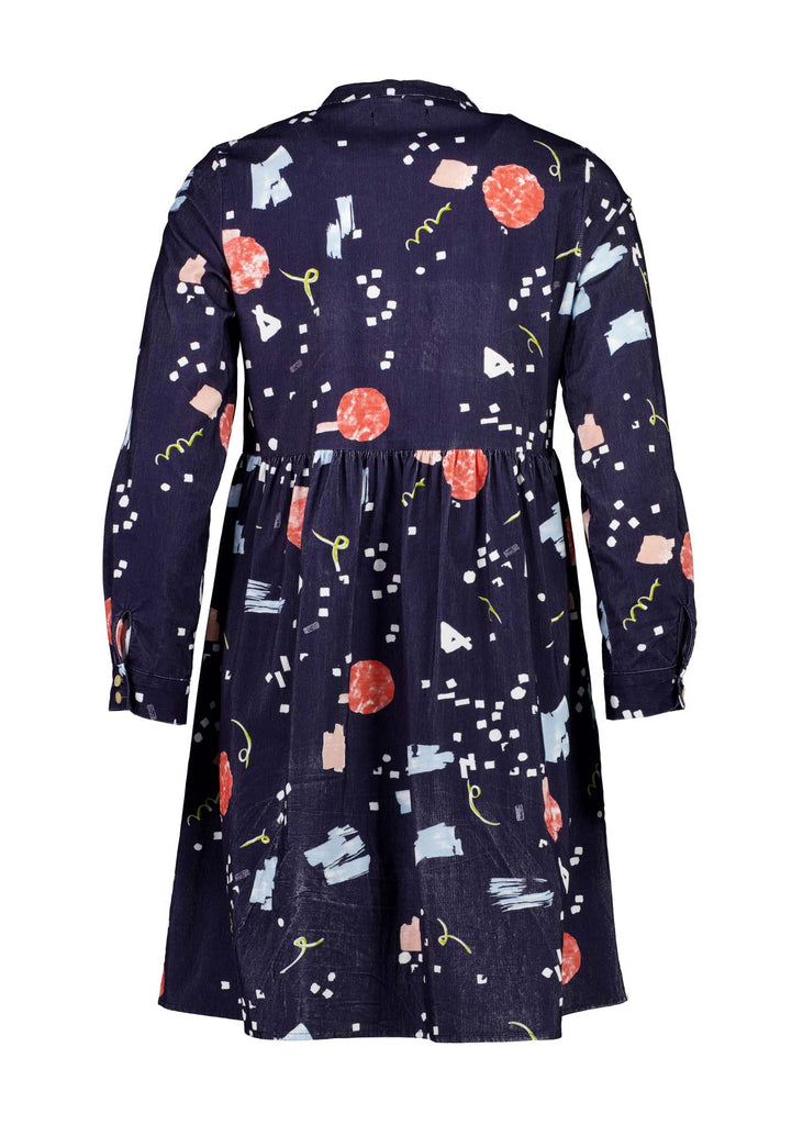 Olga de Polga navy Galaxy printed cotton cord tunic dress. Perfect transeasonal dress with long sleeves and a round neckline. Back view