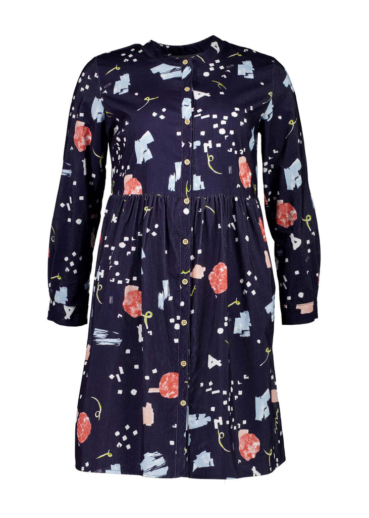 Olga de Polga navy Galaxy printed cotton cord tunic dress. Perfect transeasonal dress with long sleeves and a round neckline. Front view