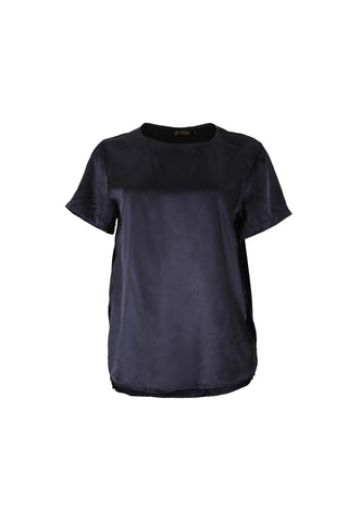 Olga de Polga women's Navy Top in Lavender Fields satin twill. Front view 