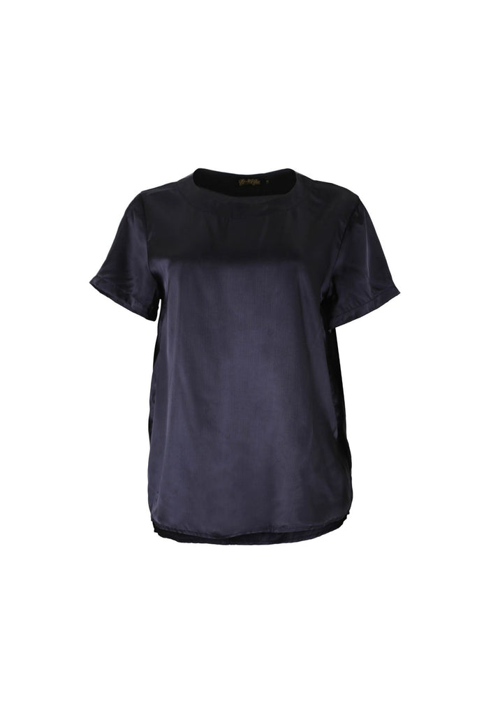 Olga de Polga women's Navy Top in Lavender Fields satin twill. Front view 