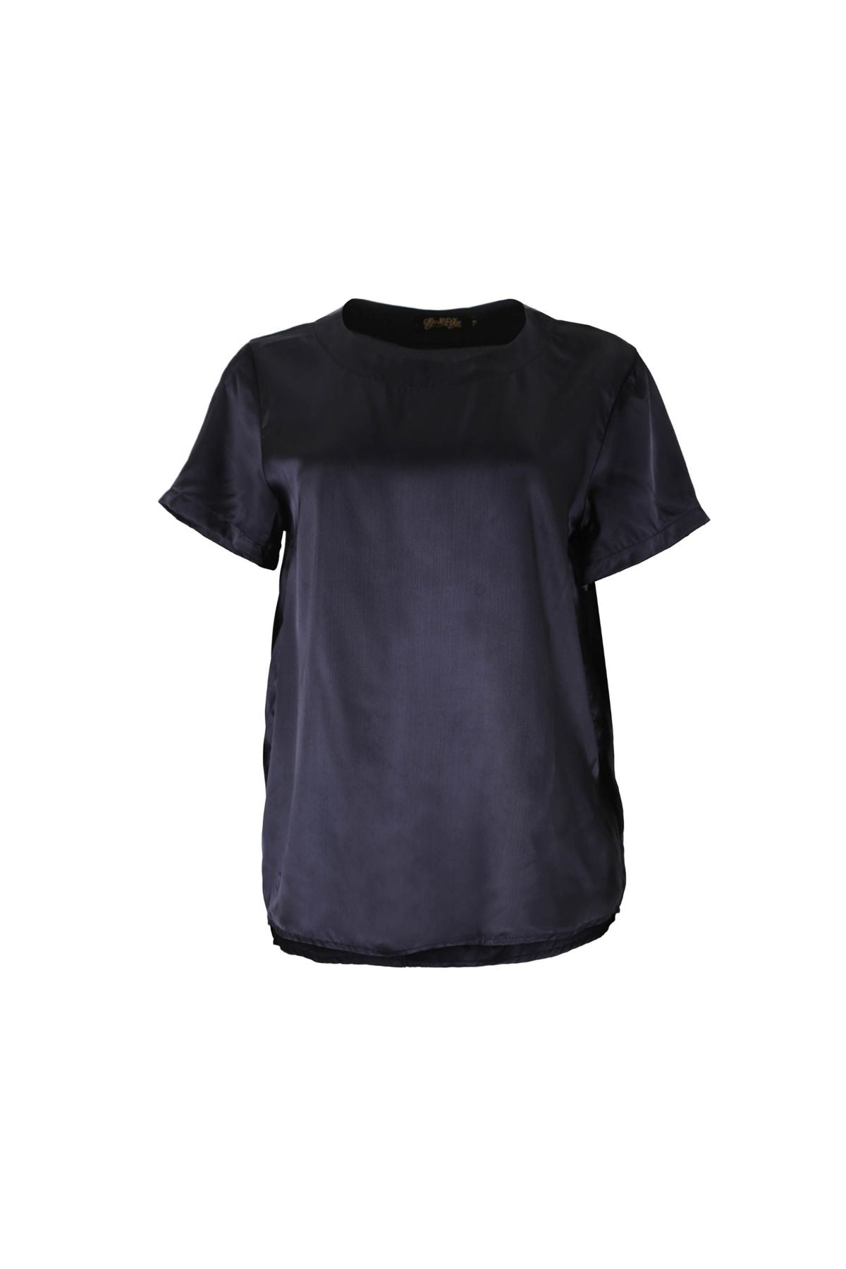 Olga de Polga women's Navy Top in Lavender Fields satin twill. Front view 