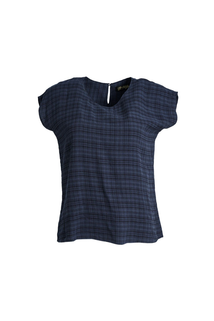 Olga de Polga Ella tee in navy Midnight brushed cotton seersucker. Straight cut with slight tapering to the waist, and cap sleeves. Front view