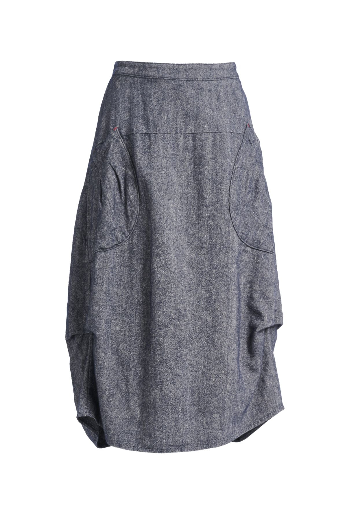 Olga de Polga Navy Milwaukee skirt in Haven wool/linen. Our Milwaukee Haven Skirt in the Navy wool/linen blend is an incredibly unique, chic and original skirt. It is universally flattering, highly versatile, and super comfortable. Front view
