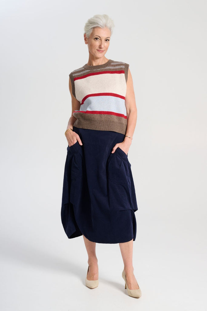 Olga de Polga Milwaukee Marlowe Navy in fine cotton cord. Front view on model.